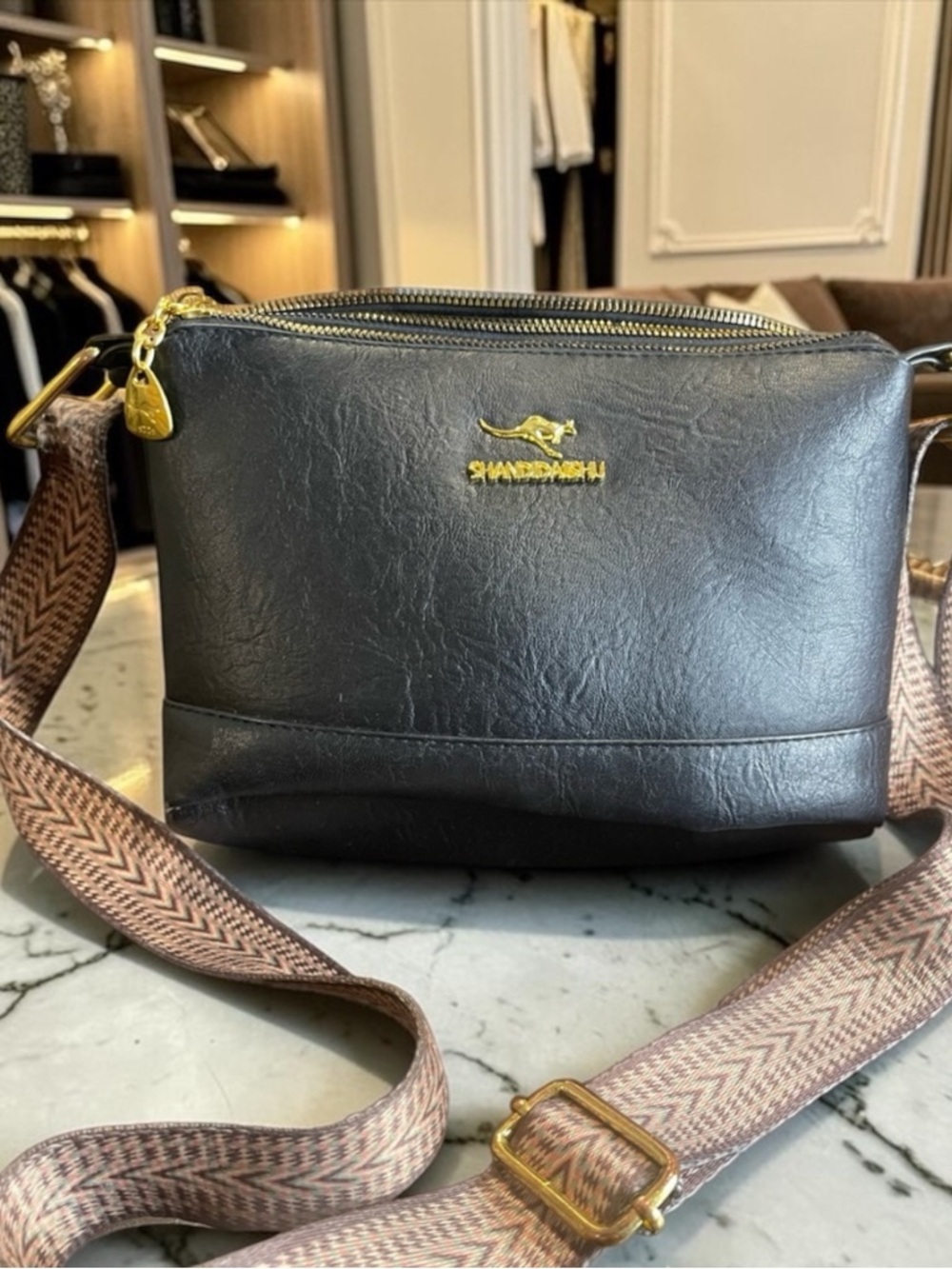 Shanghai Tang Black Crossbody Bag with Gold Accents